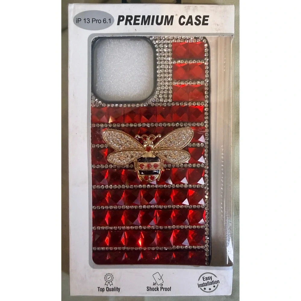 iPhone 13 Pro Case Red Rhinestone Bling Gold Bee Crystal Luxury Cover QBBLNGO